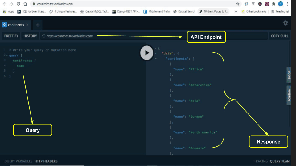 Başarılı bir sorguyu gösteren bir GraphQL oyun alanının ekran görüntüsü.
