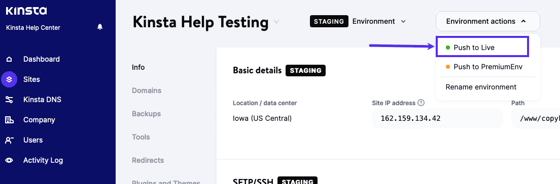 Empujar un sitio a un servidor en vivo usando Kinsta.