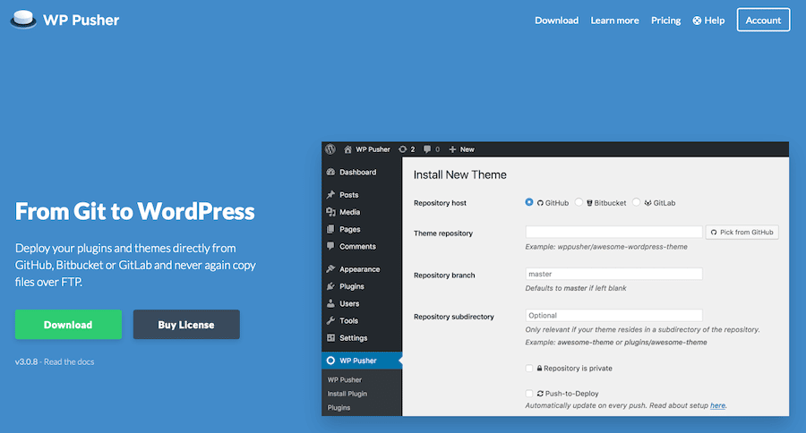 El sitio web de WP Pusher