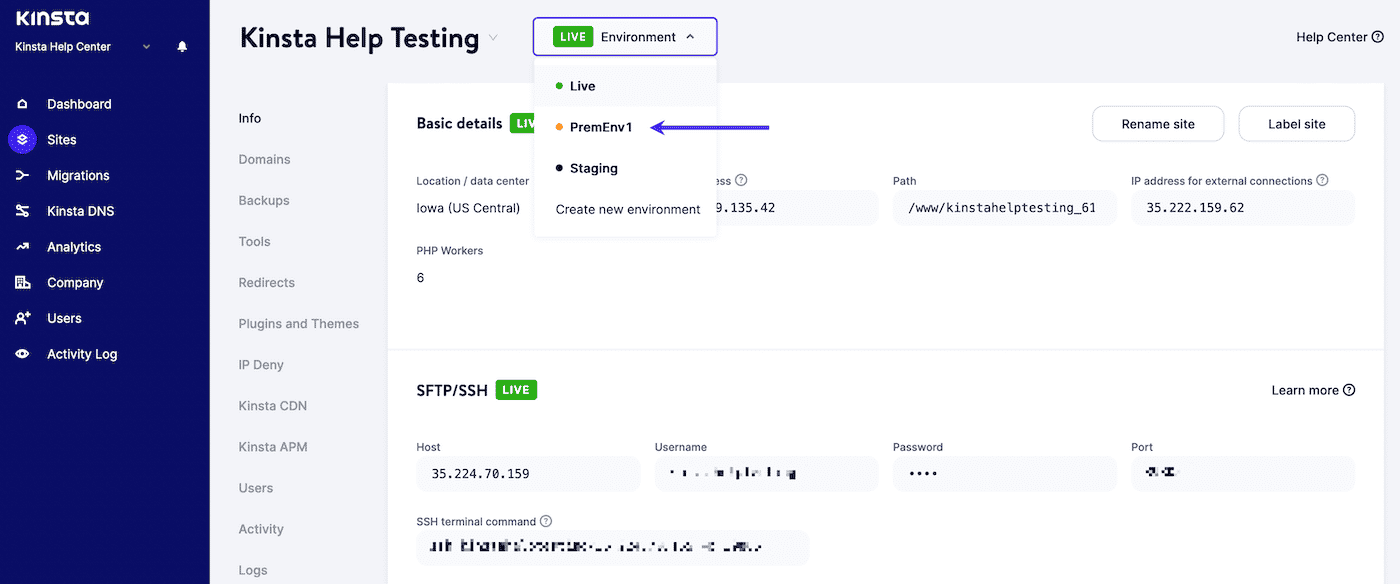 Selección de un entorno de ensayo premium en MyKinsta.