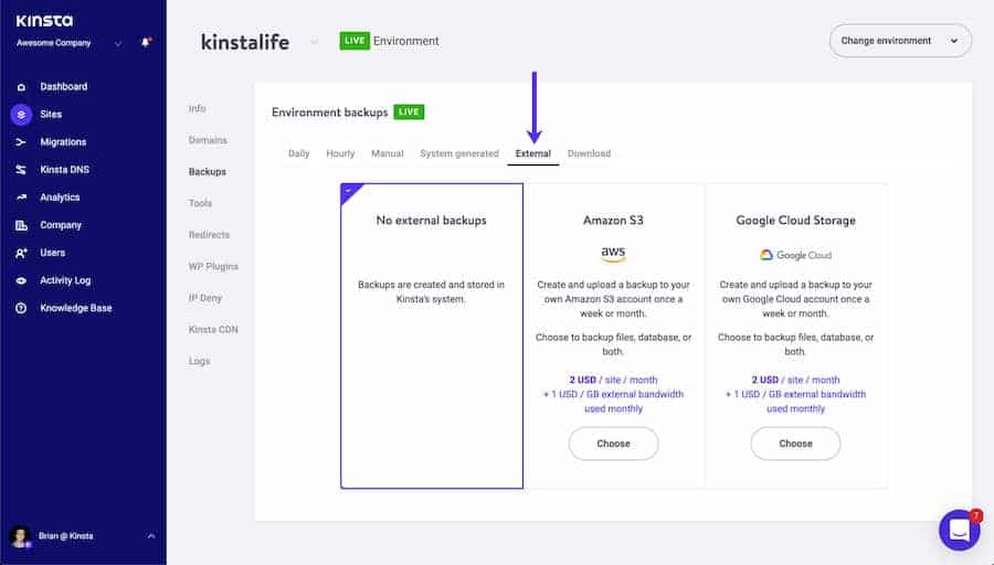 Complemento de copias de seguridad externas automatizadas de Kinsta