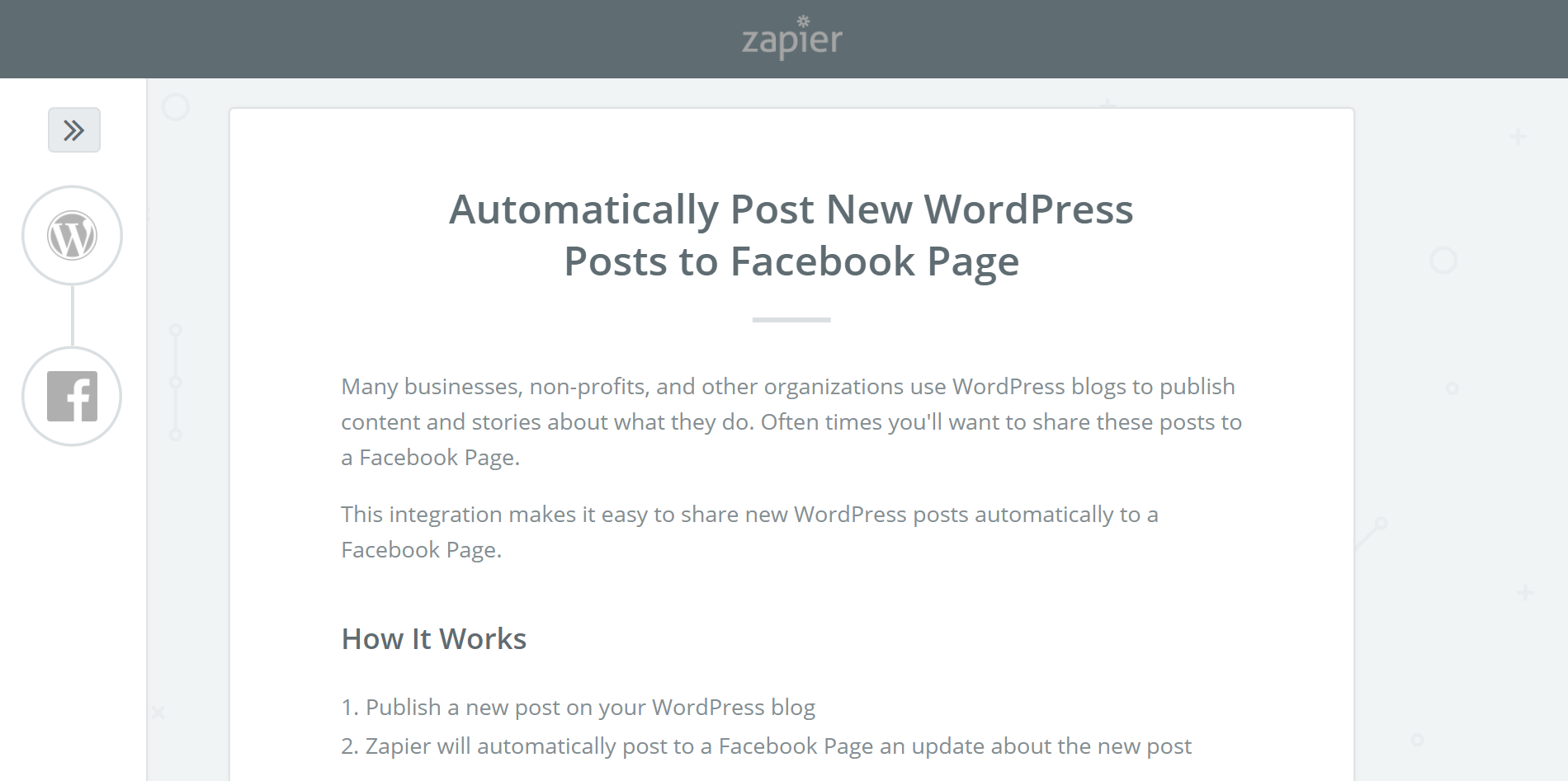 FacebookZapのセットアップ画面。