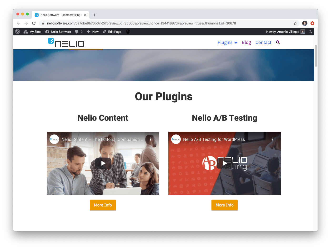 Variante de la landing page de Nelio Sofware mostrando o productos
