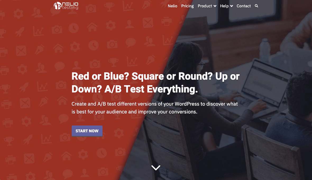 Variante del primer pliegue para la landing page de Nelio A/B Testing.