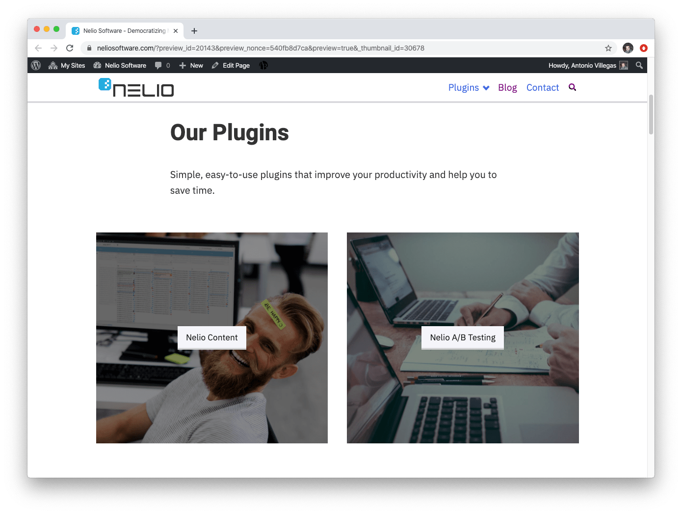 Versión original de la landing page de Nelio Software mostrando nuestros productos