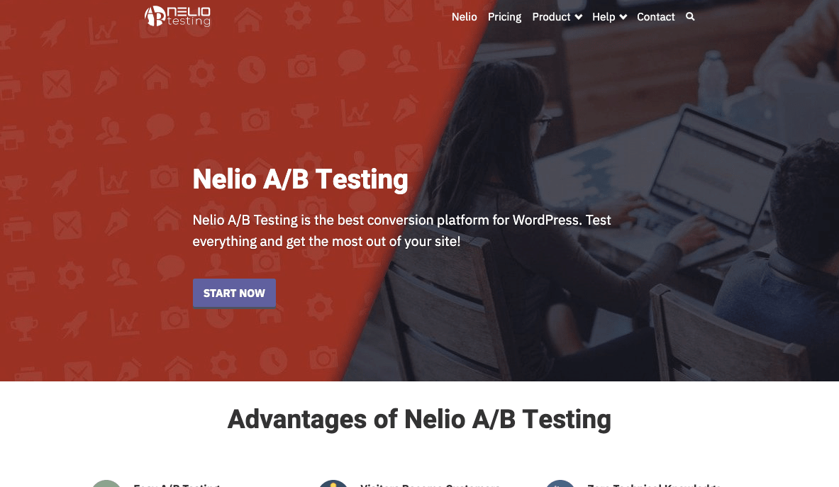Versión original del primer pliegue de la landing page de Nelio A/B Testing.