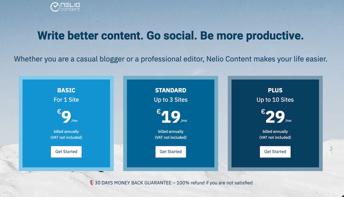 Captura de pantalla de los planes de Nelio Content mostrados en variaciones de color azul