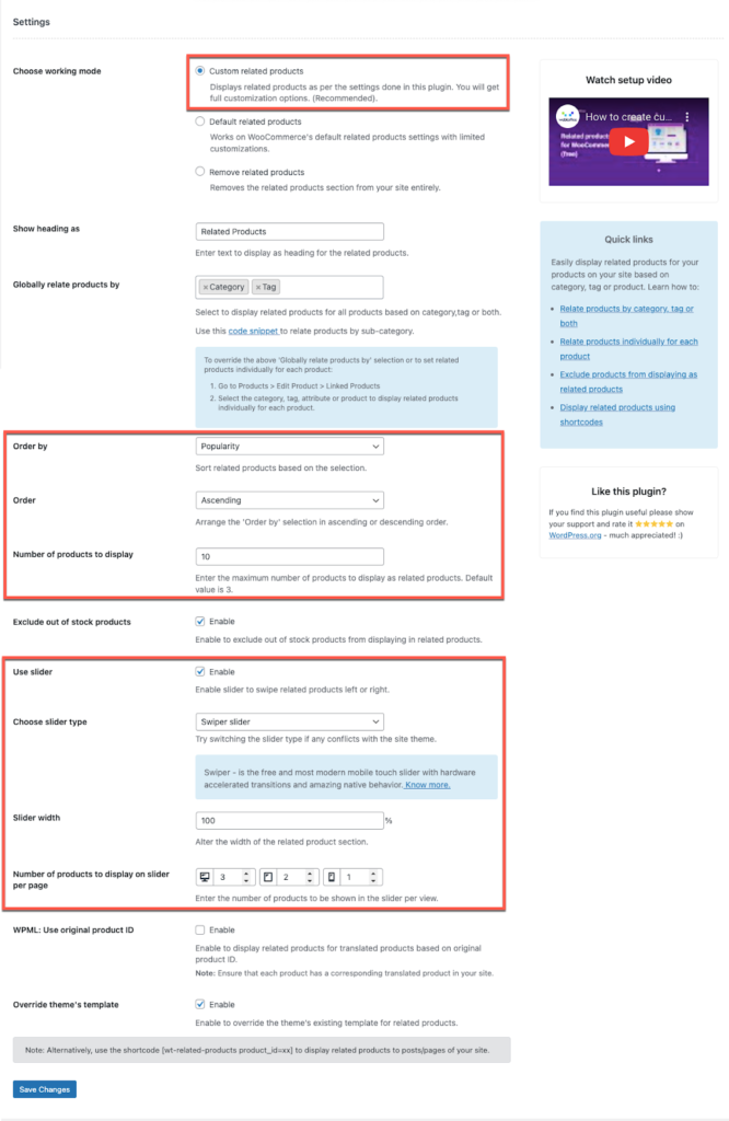 Definir as configurações de plug-in de produtos relacionados
