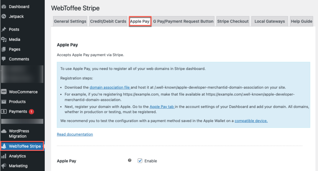 WebToffee Stripe'den Apple ödeme sekmesi
