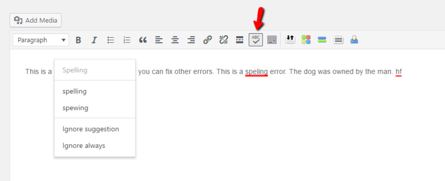 controllo ortografico dell'editor wordpress