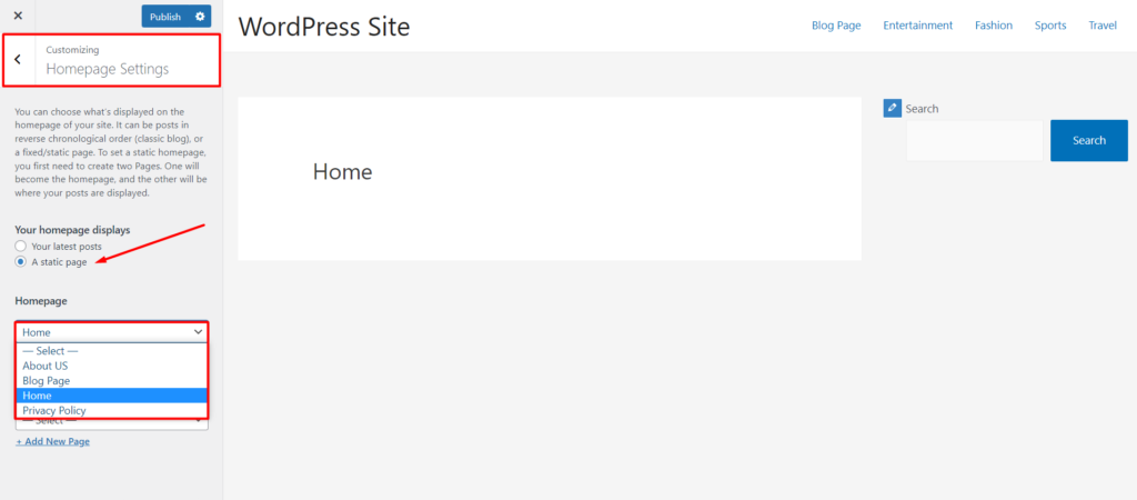 Comment créer une page d'accueil personnalisée dans WordPress : des réponses à toutes vos questions ! 6 Set Home Page from Theme Customizer