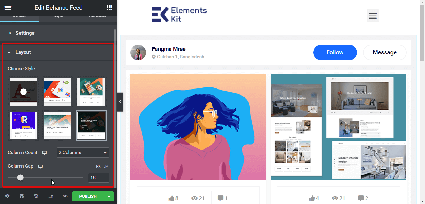 ElementsKit 的佈局設置行為提要小部件