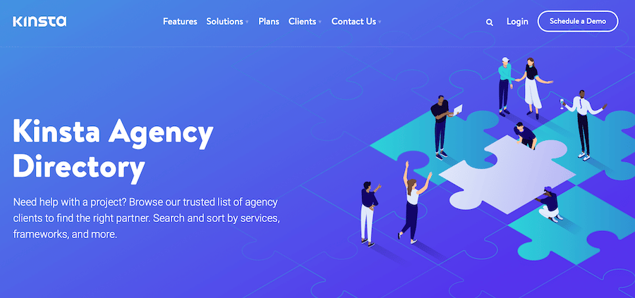 La home page dell'elenco delle agenzie di Kinsta.