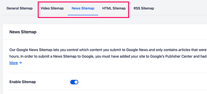 Video-, Nachrichten- und HTML-Sitemaps