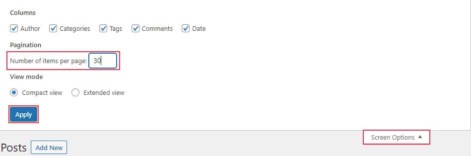 WordPress โพสต์ต่อหน้าตัวเลือกภายใต้ตัวเลือกหน้าจอ