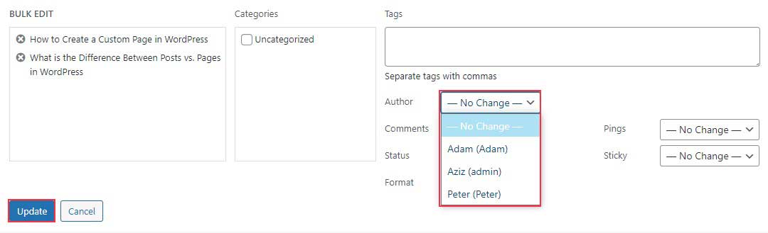 เปลี่ยนและอัปเดตผู้โพสต์หลายรายการใน WordPress