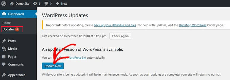 Mise à jour de WordPress Core à partir du tableau de bord