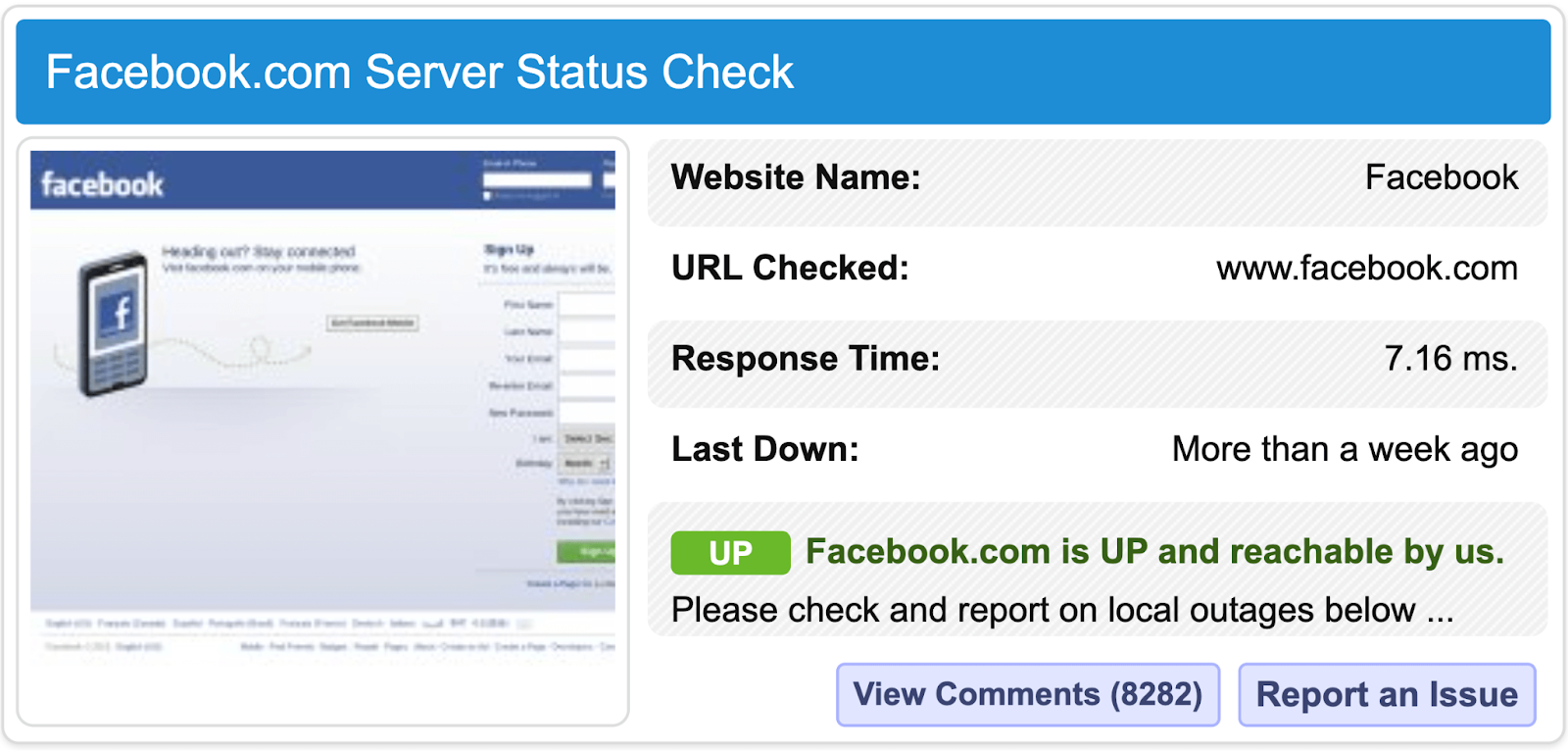 Verificação de status do servidor Facebook.com