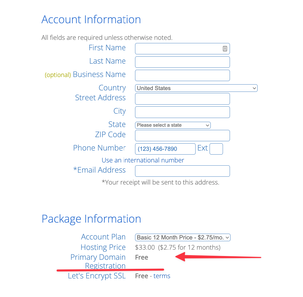 Bluehost: المعلومات التي تحتاج إلى إضافتها للحصول على اسم مجال مجانًا