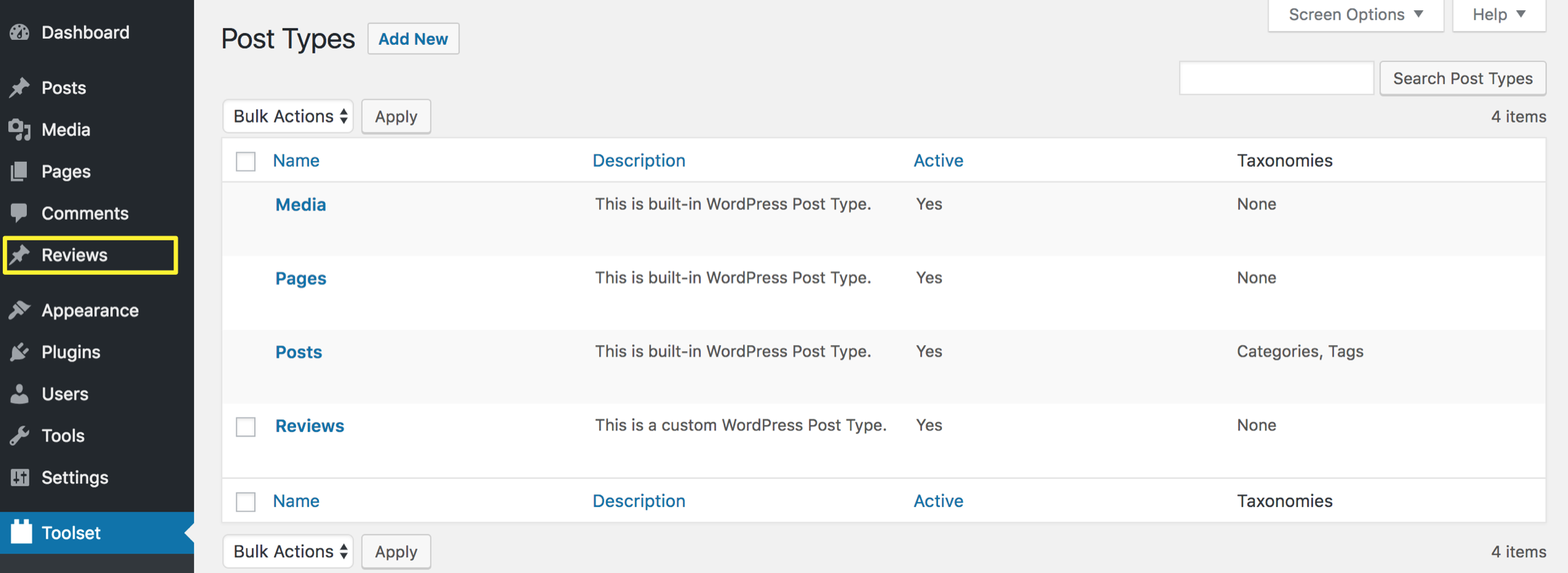 從儀表板看到的自定義帖子類型。
