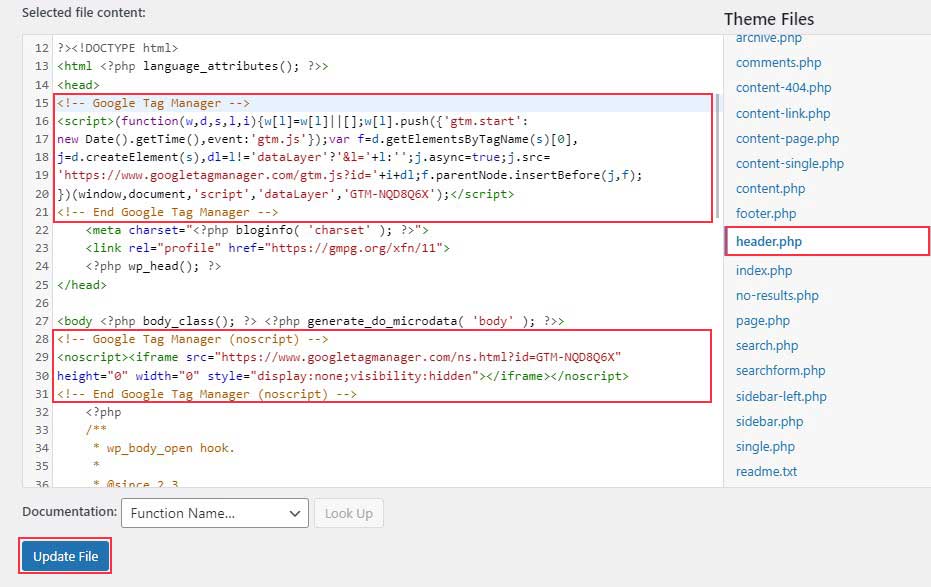 Agregue el código del administrador de etiquetas de Google en el archivo header.php del editor de archivos de temas de WordPress