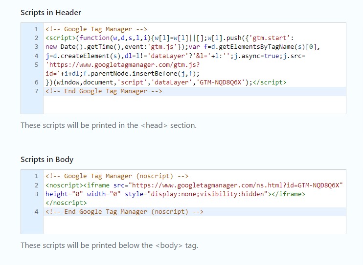 Copie y pegue el código del Administrador de etiquetas de Google en el complemento de WordPress de encabezados y pies de página de WP