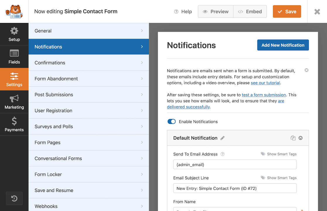 WPForms Notification Settings