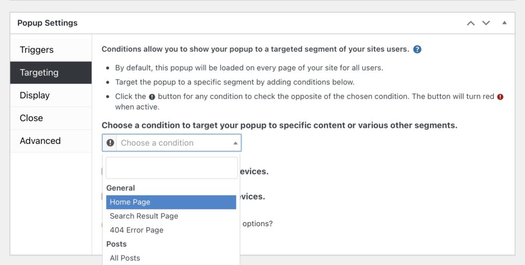 Popup Maker'ın hedefleme seçenekleri
