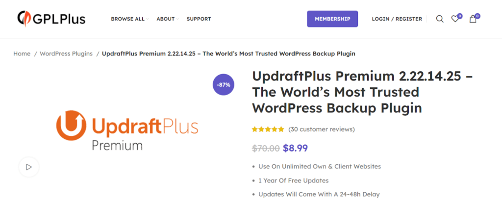 Esempio di pagina di destinazione Updraft Plus
