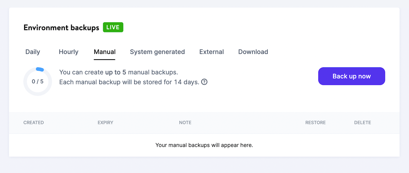 MyKinsta'daki manuel yedeklemelerin bir görünümü
