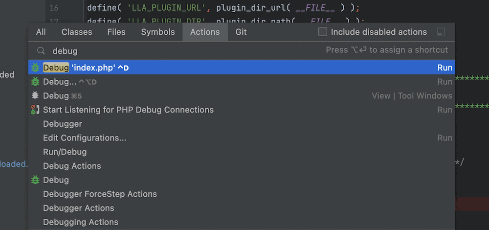 PhpStorm 界面,显示 Find Action 显示。 All、Classes、Files、Symbols、Actions 和 Git 有各种搜索过滤器。搜索词是