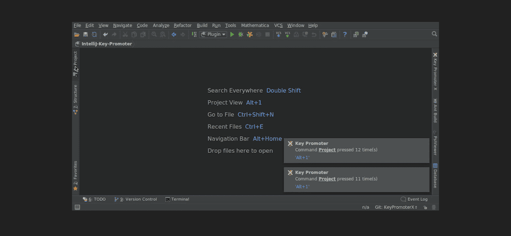 一个 PhpStorm 界面窗口,显示了许多选项来查找文件和项目以及相应的快捷方式。右下角有两个通知,格式为