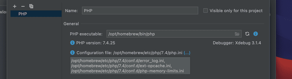 部分 PhpStorm 更多项目屏幕显示配置名称、PHP 可执行文件的路径、当前 PHP 和调试器版本号,以及 PHP 安装各个方面的配置文件列表。