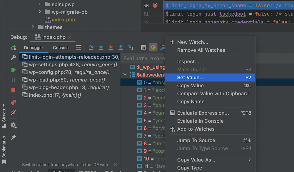PhpStorm 调试器界面的一部分,左侧有断点、文件名、行号和函数引用列表。右侧显示代码中突出显示的值,上下文菜单打开。其中的选项是“设置值…”——将新值分配给变量和调试代码的方式。