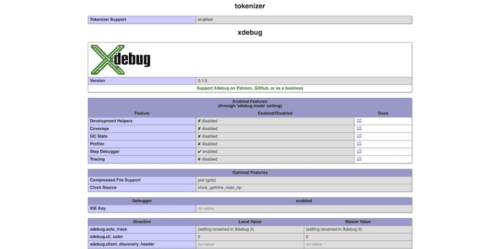 浏览器中的 PHP 信息文件,显示 Xdebug 徽标和
