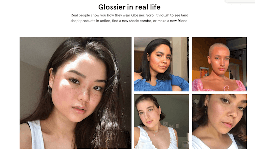 Glossier の Shop the Look のお客様の声ページの例