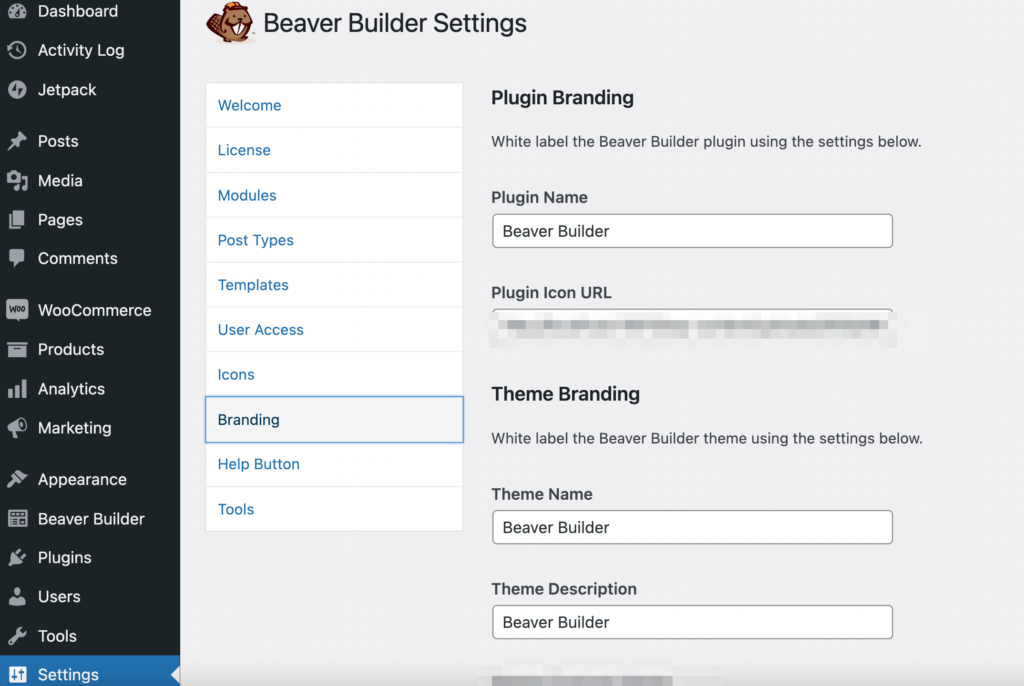 Pagina de setări Beaver Builder.