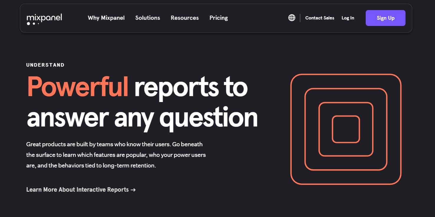 "Herhangi bir soruyu yanıtlamak için güçlü raporlar" etiketli Mixpanel ana sayfası.