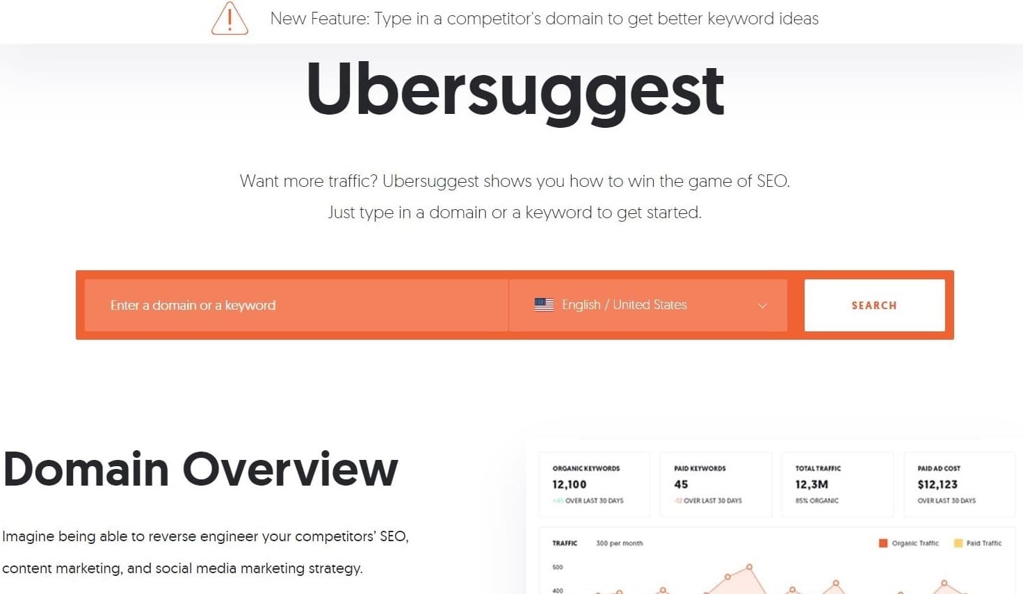 Büyük bir turuncu alan arama çubuğuna sahip Ubersuggest ana sayfası.