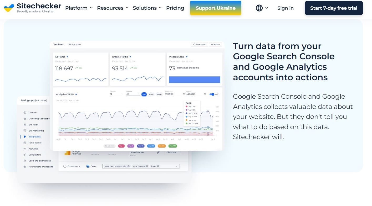 "Google Arama Konsolunuzdaki ve Google Analytics hesaplarınızdaki verileri eylemlere dönüştürün" etiketli Sitechecker ana sayfası.