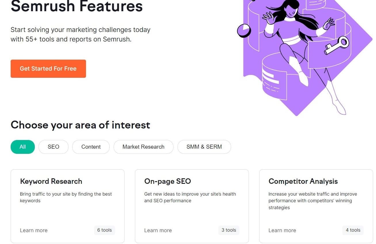 Bir portakal ile Semrush'ın Özellikler sayfası