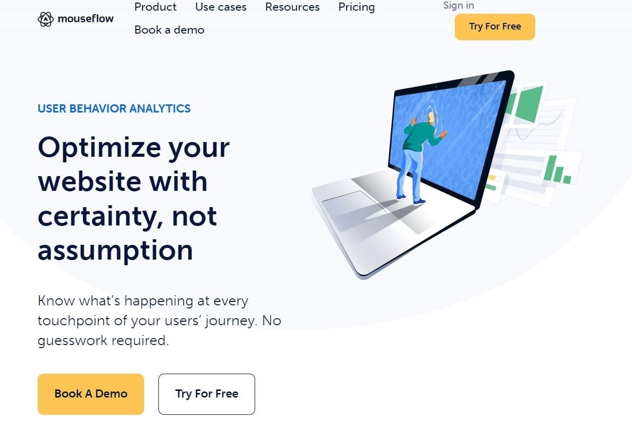 "Web sitenizi varsayımla değil kesin olarak optimize edin" sloganıyla Mouseflow ana sayfası.