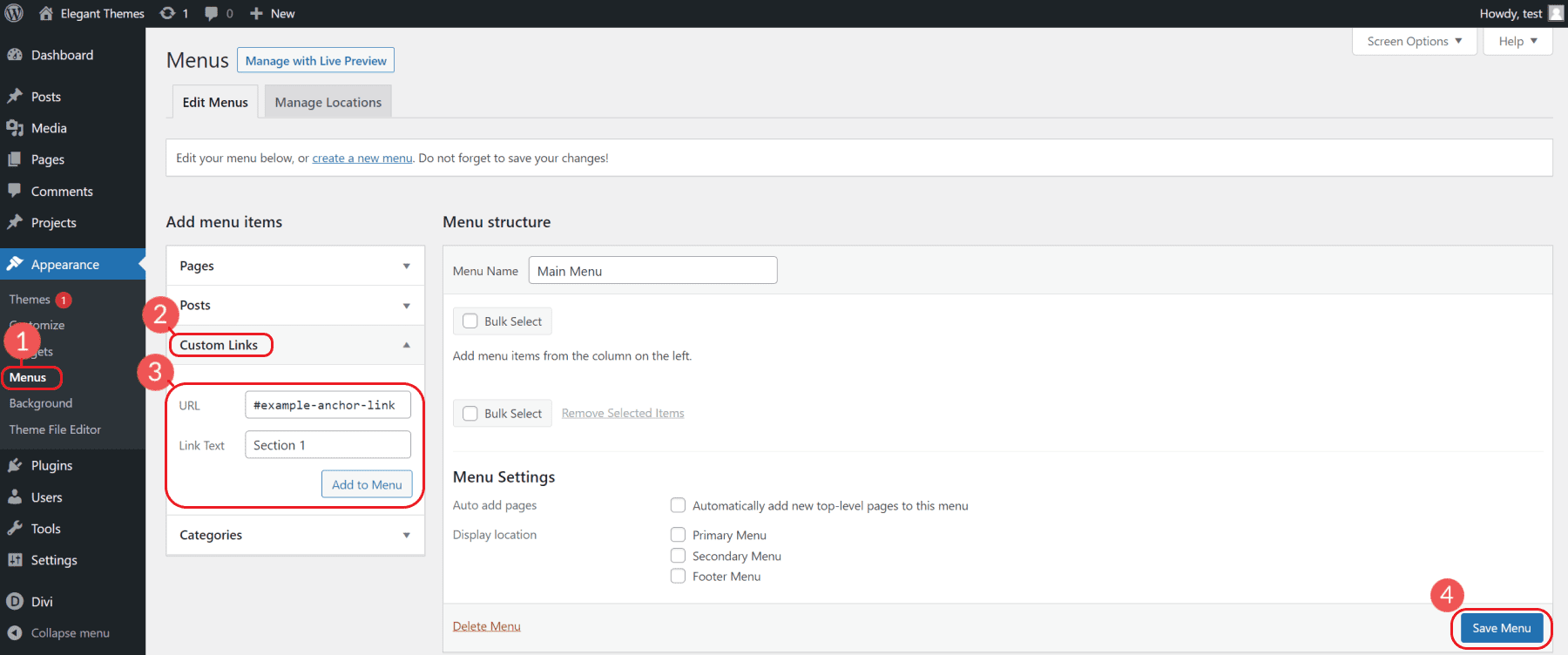 Créer un lien d'ancrage dans le menu de navigation WordPress 1-4