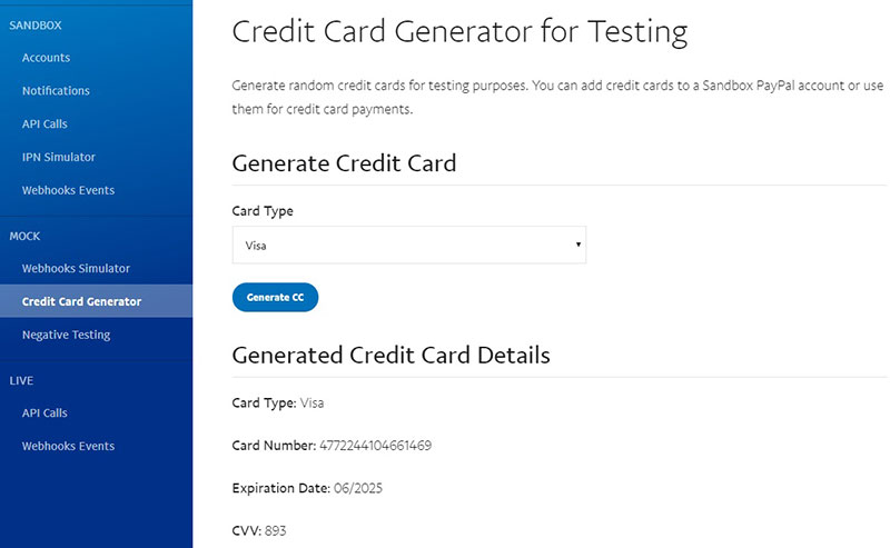 generator de carduri de credit pentru testare