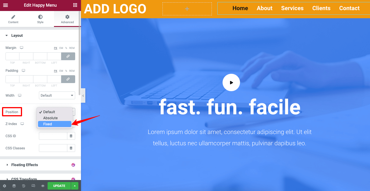 Come creare un'intestazione trasparente appiccicosa di Elementor (guida passo passo) 14 Stick Menu Bart with HappyAddons