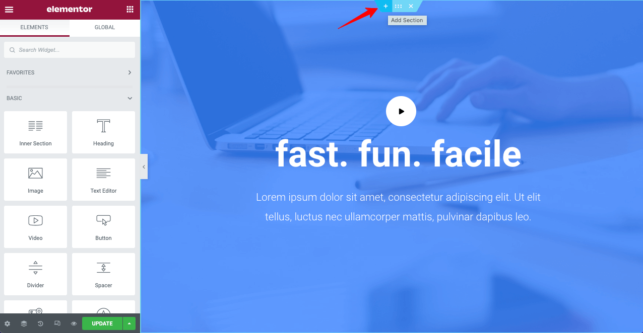 Come creare un'intestazione trasparente appiccicosa di Elementor (guida passo passo) 11 Add a New Section to Create Header with Elementor