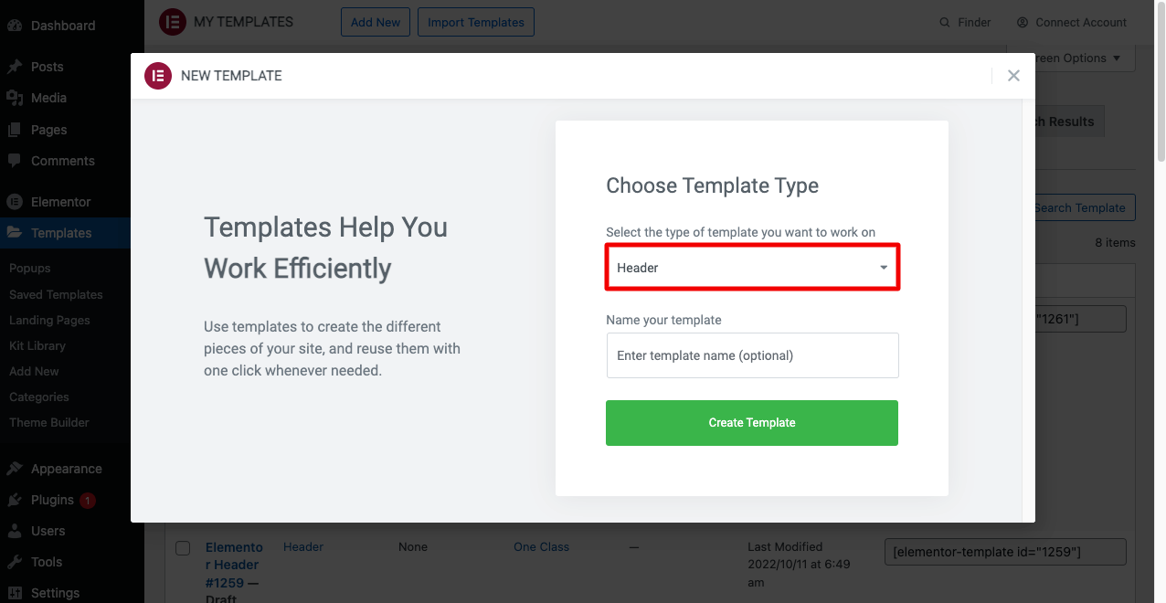 Come creare un'intestazione trasparente appiccicosa di Elementor (guida passo passo) 3 Select the Header Template from the Elementor Library