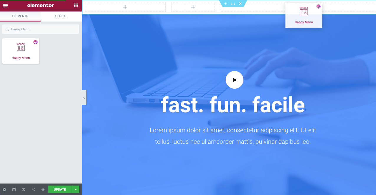 Come creare un'intestazione trasparente appiccicosa di Elementor (guida passo passo) 12 Drag and drop the Happy Menu Widget on Elementor Canvas to Create a Header