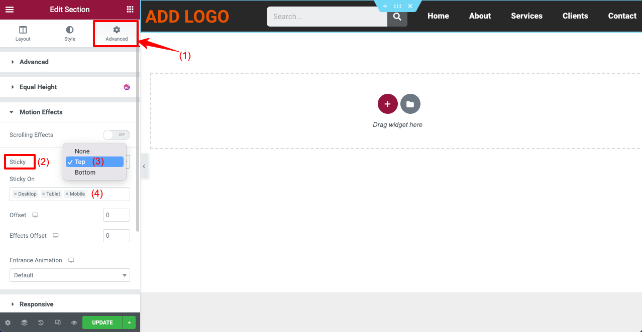 Come creare un'intestazione trasparente appiccicosa di Elementor (guida passo passo) 7 Stick the Elementor Header on the Top