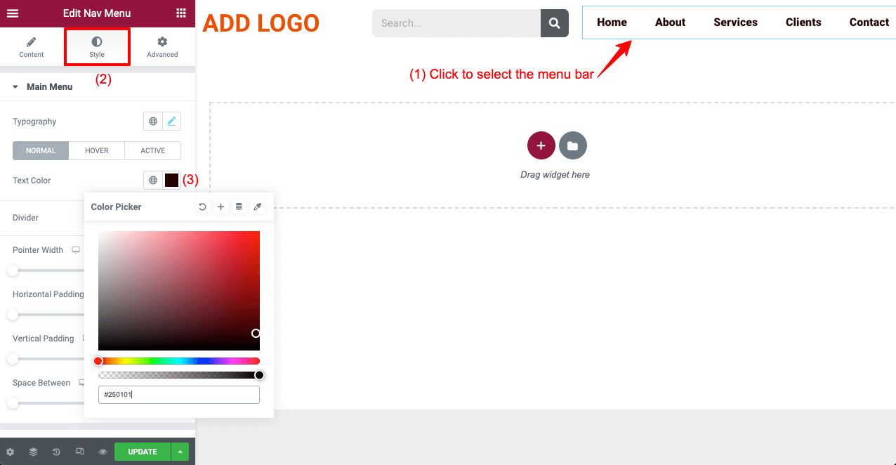 Come creare un'intestazione trasparente appiccicosa di Elementor (guida passo passo) 8 Change the Color of Elementor Menu Bar